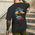 カラフルな虹色のアヒル マガモ ドレイク 小さなアヒル メンズTシャツ バックプリント 彼への贈り物
