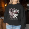 花とシャム猫、ヴィンテージ感、花柄シャム猫 レディーススウェットシャツ 面白い贈り物