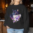 花と猫、水彩画のような表情 レディーススウェットシャツ 面白い贈り物