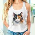 クールな水彩 三毛猫顔 三毛猫 お母さん 猫 お父さん レディースタンクトップ 彼女への贈り物