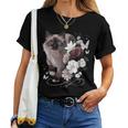 花とシャム猫、ヴィンテージ感、花柄シャム猫 レディースTシャツ