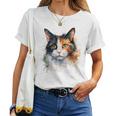 クールな水彩 三毛猫顔 三毛猫 お母さん 猫 お父さん レディースTシャツ