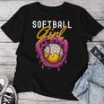ソフトボール 女の子 名言 滴る アイスクリーム グラフィック ソフトボール ドリップ レディースTシャツ 面白い贈り物