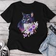 花と猫、水彩画のような表情 レディースTシャツ 面白い贈り物