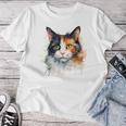 クールな水彩 三毛猫顔 三毛猫 お母さん 猫 お父さん レディースTシャツ 面白い贈り物