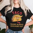 Taco Trump Always Chickens Out アンチトランプニックネーム レディースTシャツ 彼女への贈り物