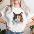 クールな水彩 三毛猫顔 三毛猫 お母さん 猫 お父さん レディースTシャツ 彼女への贈り物