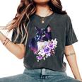 花と猫、水彩画のような表情 レディースオーバーサイズコンフォートTシャツ Pepper