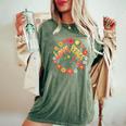 Love Peace Flower Power レトロ ヒッピー フローラル ピースマーク レディースオーバーサイズコンフォートTシャツ Moss