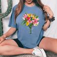 美しいユリの春の花 フローラルプリント ガーデニング レディースオーバーサイズコンフォートTシャツ Blue Jean