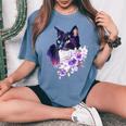 花と猫、水彩画のような表情 レディースオーバーサイズコンフォートTシャツ Blue Jean