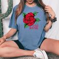 赤いバラとi'm A Wild Roseの花のデザイン レディースオーバーサイズコンフォートTシャツ Blue Jean