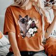花とシャム猫、ヴィンテージ感、花柄シャム猫 レディースオーバーサイズコンフォートTシャツ Yam