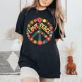 Love Peace Flower Power レトロ ヒッピー フローラル ピースマーク レディースオーバーサイズコンフォートTシャツ Black