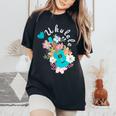 ウクレレギフト 70年代の花のウクレレ奏者 レディースオーバーサイズコンフォートTシャツ Black