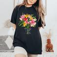 美しいユリの春の花 フローラルプリント ガーデニング レディースオーバーサイズコンフォートTシャツ Black
