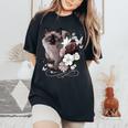花とシャム猫、ヴィンテージ感、花柄シャム猫 レディースオーバーサイズコンフォートTシャツ Black