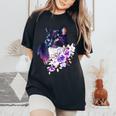 花と猫、水彩画のような表情 レディースオーバーサイズコンフォートTシャツ Black