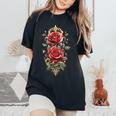 赤いバラ 花 ボタニスト 庭の花 赤いバラ 長袖tシャツ レディースオーバーサイズコンフォートTシャツ Black