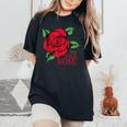 赤いバラとi'm A Wild Roseの花のデザイン レディースオーバーサイズコンフォートTシャツ Black