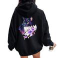 花と猫、水彩画のような表情 レディース オーバーサイズ パーカー バックプリント Black