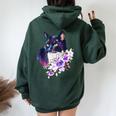 花と猫、水彩画のような表情 レディース オーバーサイズ パーカー バックプリント Navy Blue