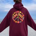 Love Peace Flower Power レトロ ヒッピー フローラル ピースマーク レディース オーバーサイズ パーカー バックプリント Maroon