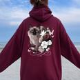 花とシャム猫、ヴィンテージ感、花柄シャム猫 レディース オーバーサイズ パーカー バックプリント Maroon