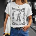 Aloha ハワイ ダンサー ヤシの木 ハイビスカス ウクレレ ルアウ ラインアート Tシャツ 彼女への贈り物