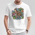 アロハ ウミガメ ハワイアン ホヌ フラワー ウェーブ オーシャン Tシャツ 面白い贈り物