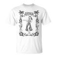 Aloha ハワイ ダンサー ヤシの木 ハイビスカス ウクレレ ルアウ ラインアート Tシャツ