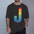 文字 J 大文字 アルファベット モノグラム イニシャル レインボー アルファベット J Tシャツ 彼への贈り物