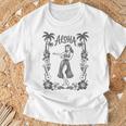 Aloha ハワイ ダンサー ヤシの木 ハイビスカス ウクレレ ルアウ ラインアート Tシャツ 高齢者への贈り物