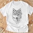 ウルフ フローラル ヴィンテージ 花 オオカミの顔 オオカミの恋人 Tシャツ 高齢者への贈り物