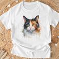 クールな水彩 三毛猫顔 三毛猫 お母さん 猫 お父さん Tシャツ 高齢者への贈り物
