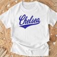 チェルシー ロンドン イングランド バーシティ スクリプト クラシック スポーツ ジャージ Tシャツ 高齢者への贈り物