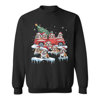 English Bulldog Riding Red Truck Ugly Sweater Christmas Sweatshirt | Mazezy