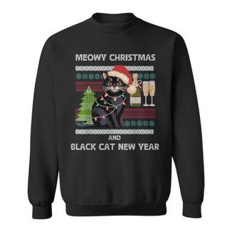 Meowy Christmas Black Cat Santa Hat Ugly Sweater Sweatshirt | Mazezy