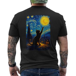 Black Cat Starry Night Van Gogh Cat Cat Mom Cat Dad Men's T-shirt Back Print - Monsterry