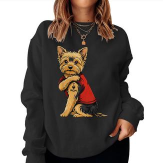 Yorkie Featuring Tattooed Yorkshire Terrier I Love Mom Women Sweatshirt - Monsterry