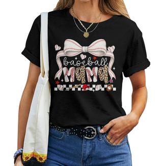 Baseball Mama Game Day Leopard Bow Cute Sports Mother Season Women T-shirt | Mazezy