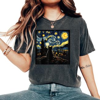 Cat Starry Night Van Gogh Cat For Cat Lover Cat Mom Cat Dad Women's Oversized Comfort T-Shirt - Monsterry