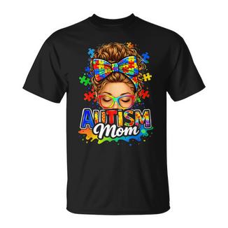 Autism Mom Puzzle Awareness Messy Bun Glasses T-Shirt - Monsterry