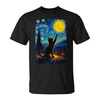 Black Cat Starry Night Van Gogh Cat Cat Mom Cat Dad T-Shirt - Monsterry
