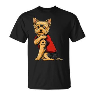 Yorkie Featuring Tattooed Yorkshire Terrier I Love Mom T-Shirt - Monsterry