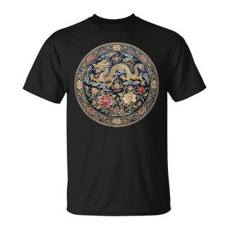 中国刺繍柄 龍 竜 ドラゴン 中国 清朝 ドラマ 牡丹 Tシャツ - Kawaiitshirt