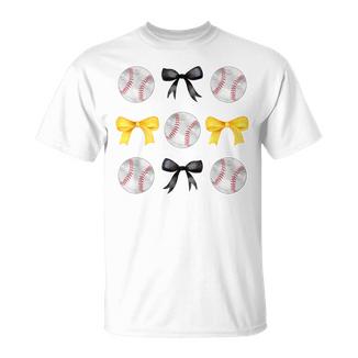 Baseballs Black & Yellow Bows Ball Mom School Pride T-Shirt - Monsterry